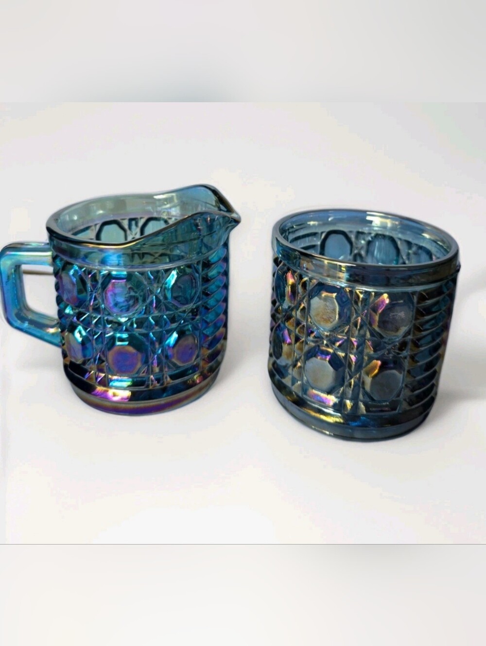 Vintage Blue Carnival Glass Creamer Sugar Bowl Set